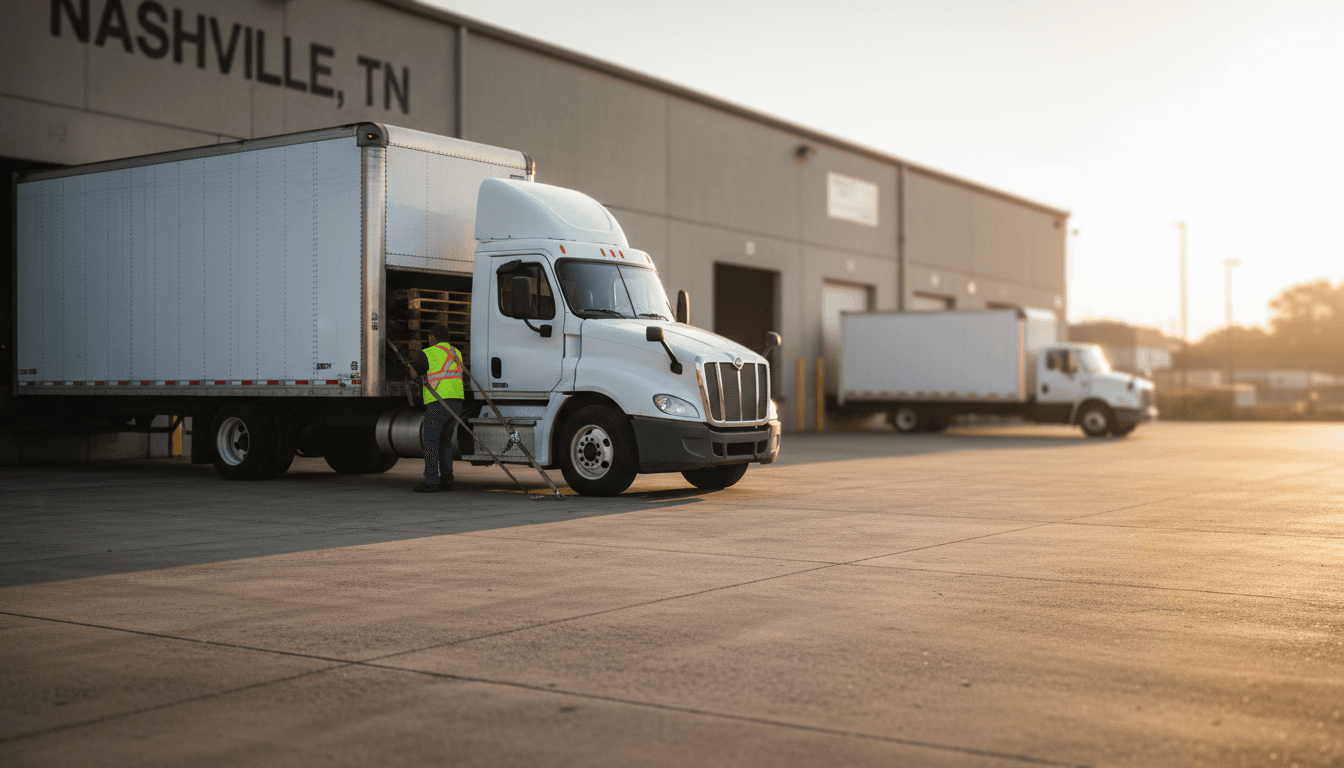 White dry van semi-truck at a Nashville loading dock with driver securing cargo