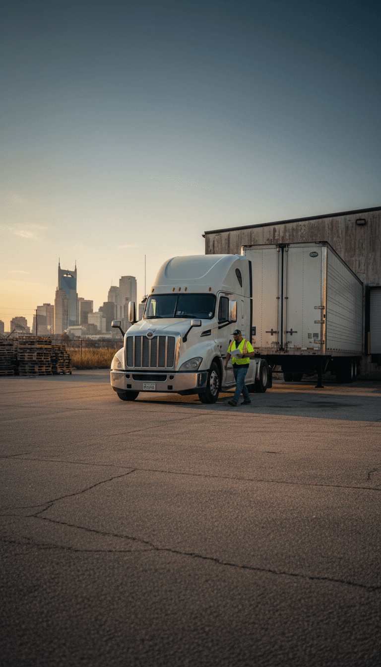 Dry van semi truck at a freight yard in Nashville with a driver approaching the cab